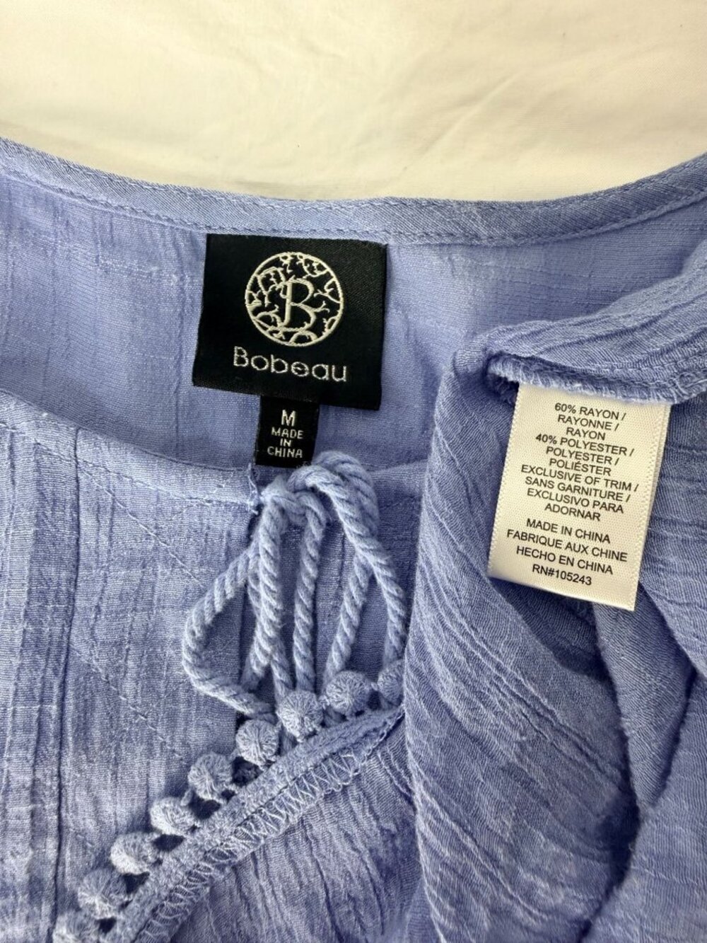 Bobeau Womens Blue Gauze Boho Tunic Top Medium Tassel Tie 3/4 Sleeve - Picture 4 of 13